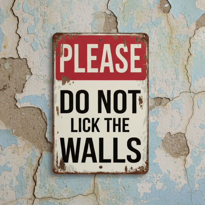 Please Don't Lick the Walls Wooden Sign – Absurd Humor Wall Art, 15 × 20 cm