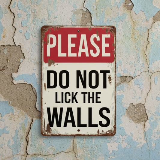 Please Don't Lick the Walls Wooden Sign – Absurd Humor Wall Art, 15 × 20 cm