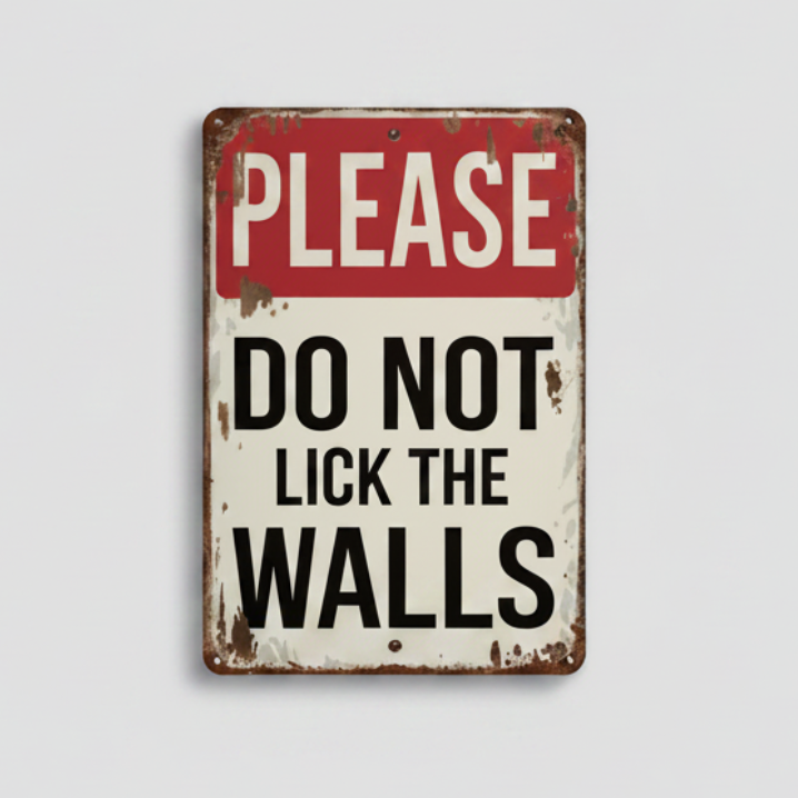 Please Don't Lick the Walls Wooden Sign – Absurd Humor Wall Art, 15 × 20 cm