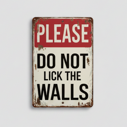Please Don't Lick the Walls Wooden Sign – Absurd Humor Wall Art, 15 × 20 cm