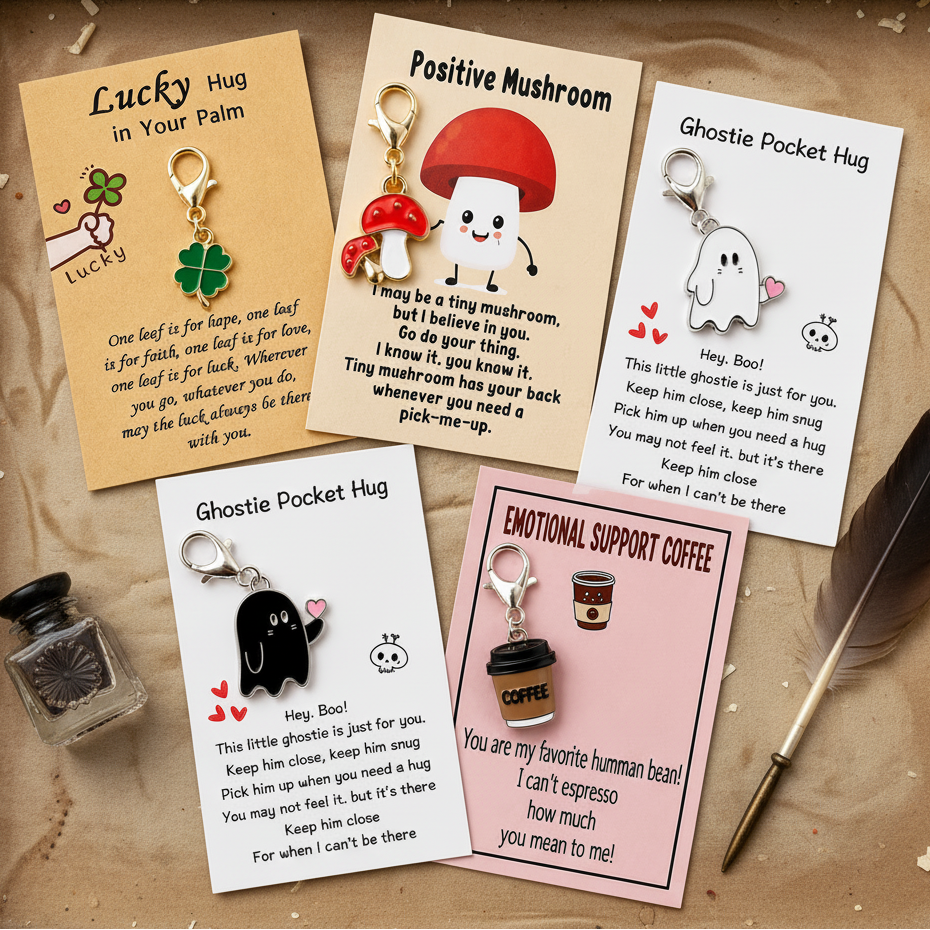 Positive Pocket Charm Keyring – Tiny Token of Encouragement, ~8 × 5.5 cm