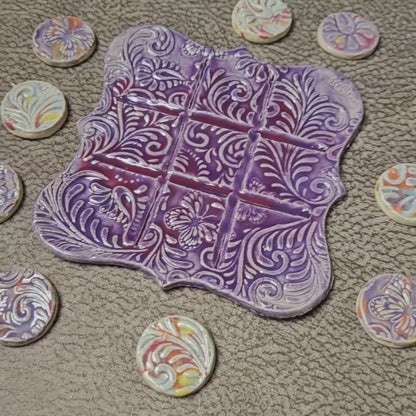 Victorian Bloom Pocket Tic Tac Toe – Artisan Travel Companion, 11×11 cm by Red Raven Pottery