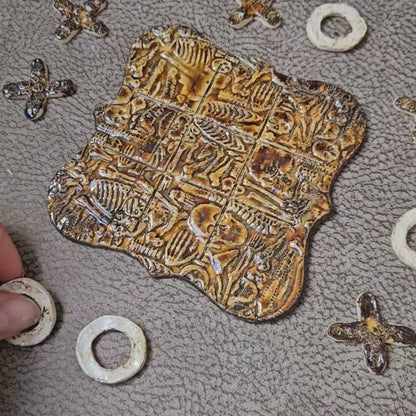Fossilbound Memories Pocket Tic Tac Toe – Artisan Travel Companion, 11×11 cm by Red Raven Pottery