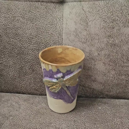 Lavender Dragonfly Ceramic Tumbler – Sculpted Symbol of Renewal, Ø8.5×12.5 cm by Red Raven Pottery