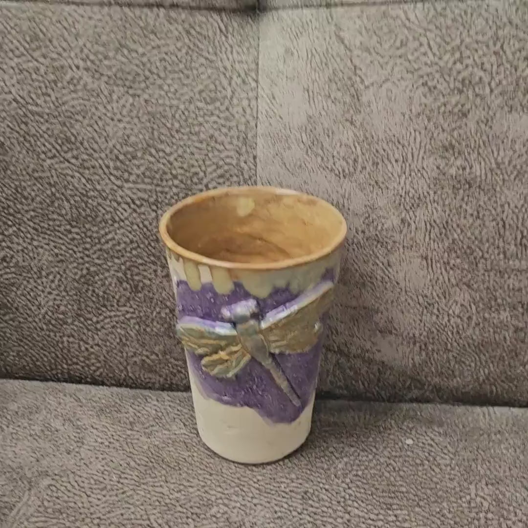 Lavender Dragonfly Ceramic Tumbler – Sculpted Symbol of Renewal, Ø8.5×12.5 cm by Red Raven Pottery