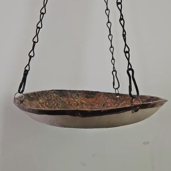 Handmade Ceramic Bird Bath • Brown-Gold with Rust Accents • Hanging with Single Hook • 19 cm