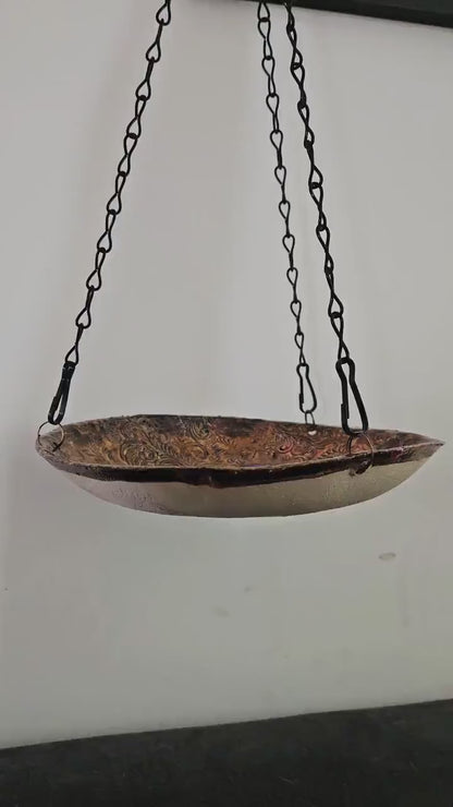 Handmade Ceramic Bird Bath • Brown-Gold with Rust Accents • Hanging with Single Hook • 19 cm