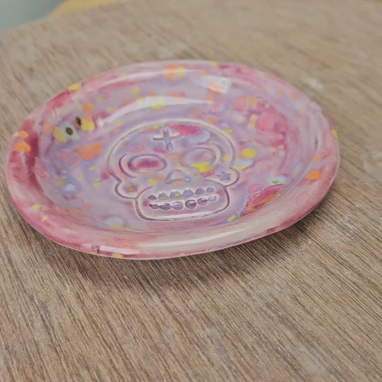 Sugar Skull Ceramic Mini Dish – Festive Macabre Trinket Keeper, Ø10×1.5 cm by Red Raven Pottery
