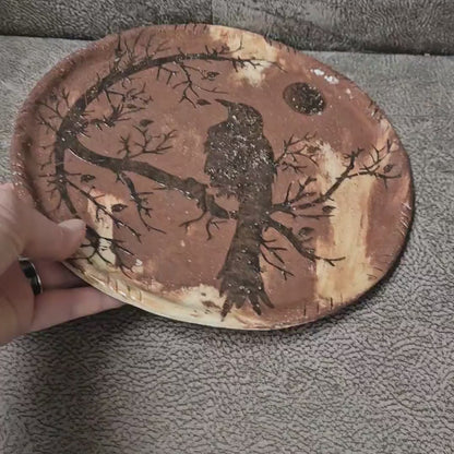 Mystic Raven & Moon Ceramic Plate – Pagan Altar Dish, Ø24 cm by Red Raven Pottery