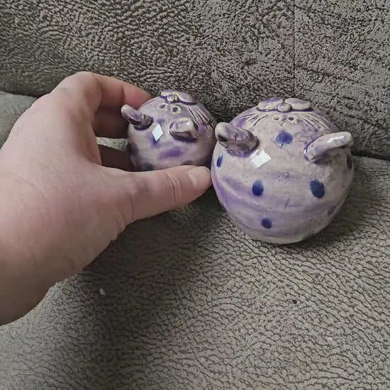 Quirky Ceramic Cat Figurines – Set of 2 Vintage Violet Speckled Companions, various sizes by Red Raven Pottery