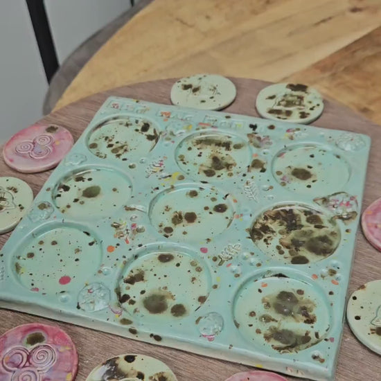 Twilight Circles Ceramic Tic Tac Toe Board – Handmade Ceramic Game Ritual, 18×18 cm by Red Raven Pottery