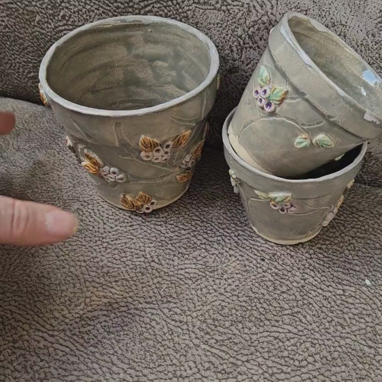 Berry Vine Ceramic Planters – Set of 3 Botanical Vessels, various sizes by Red Raven Pottery