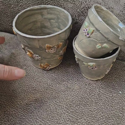 Berry Vine Ceramic Planters – Set of 3 Botanical Vessels, various sizes by Red Raven Pottery