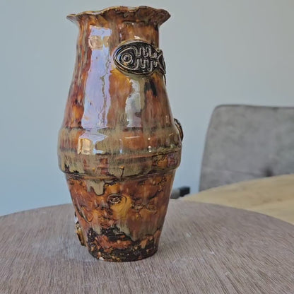 Earthfire Small Ceramic Vase – Amber Glazed Fishbone Vessel, Ø9×17 cm by Red Raven Pottery