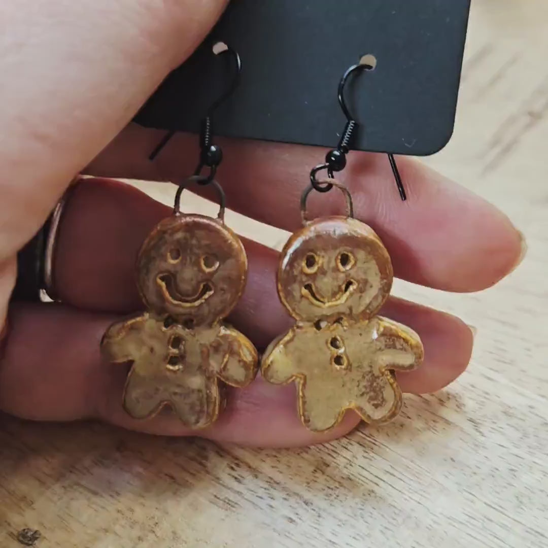 Jolly Gingerbread Man or Woman Earrings – Handmade Seasonal Charms, 3×2 cm by Red Raven Pottery