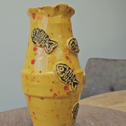 Sunburst Ceramic Vase – Ochre Glazed Fishbone Vessel, Ø9×17 cm by Red Raven Pottery