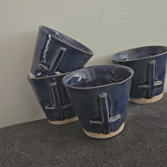 Dark Blue Ceramic Shot Glass – Upside Down Cross | Handmade Occult Espresso or Succulent Cup set of 2