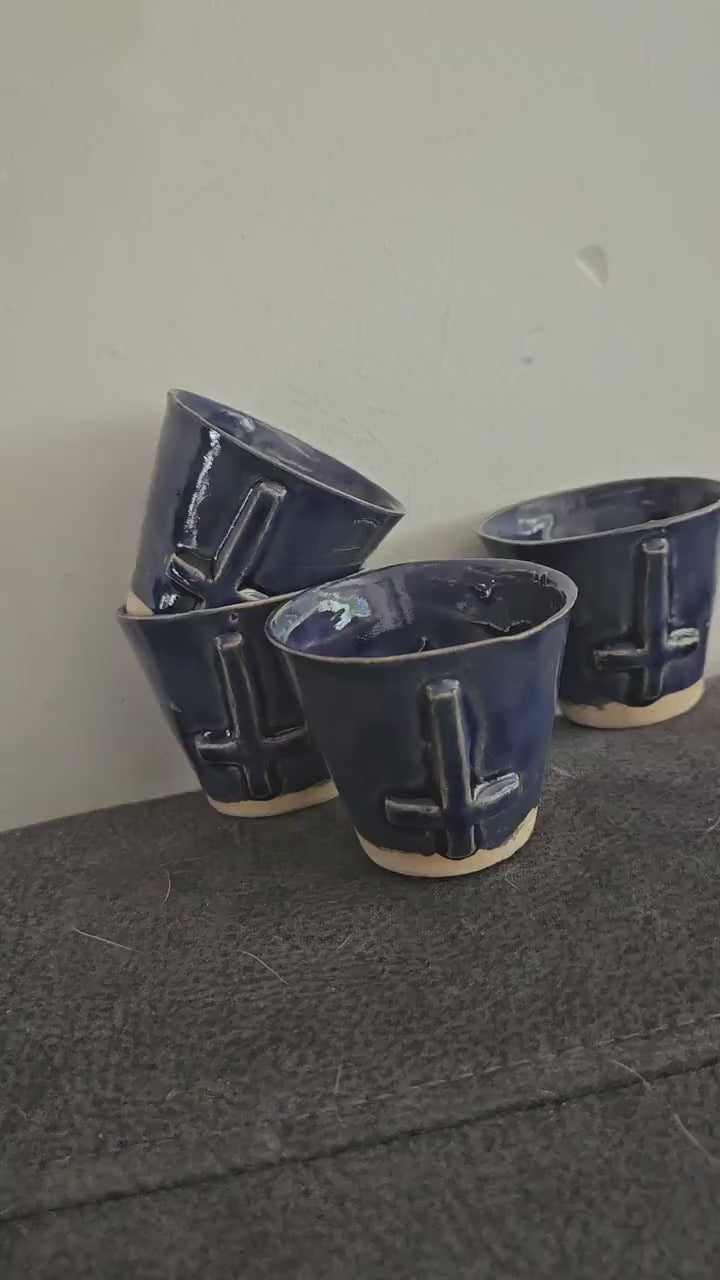 Dark Blue Ceramic Shot Glass – Upside Down Cross | Handmade Occult Espresso or Succulent Cup set of 2