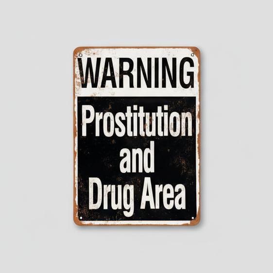 Prostitution & Drug Area Wooden Sign – Vintage Street Humor Wall Art, 13×20 cm