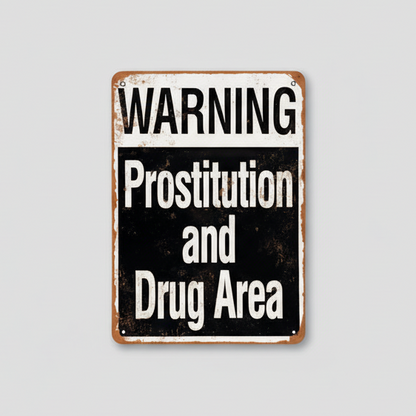 Prostitution & Drug Area Wooden Sign – Vintage Street Humor Wall Art, 13×20 cm