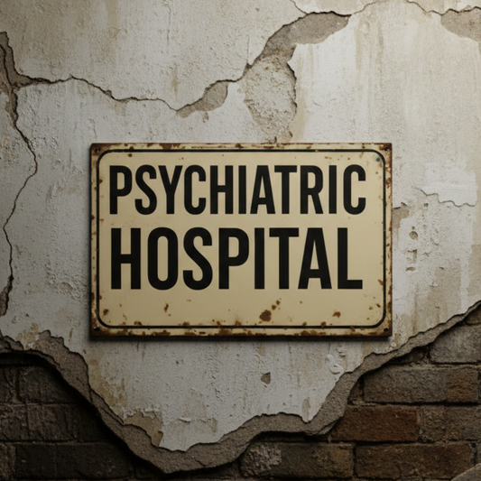 Psychiatric Hospital Wooden Sign – Dark Humor Vintage Wall Art, 13×20 cm