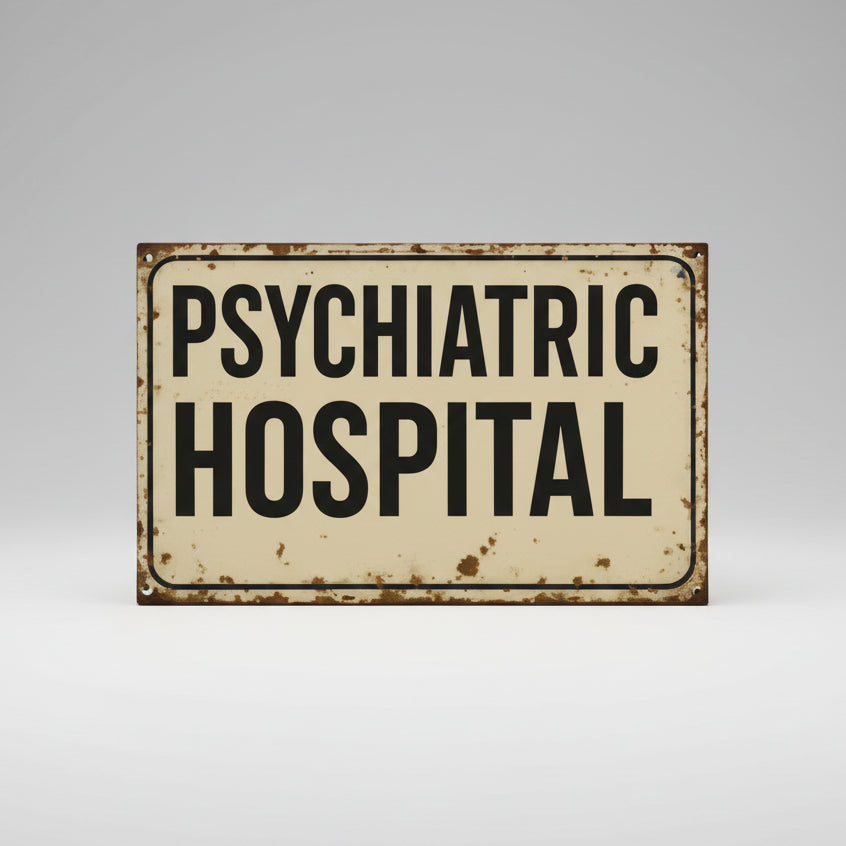 Psychiatric Hospital Wooden Sign – Dark Humor Vintage Wall Art, 13×20 cm