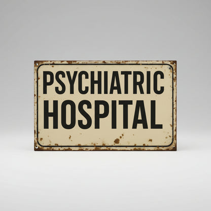 Psychiatric Hospital Wooden Sign – Dark Humor Vintage Wall Art, 13×20 cm
