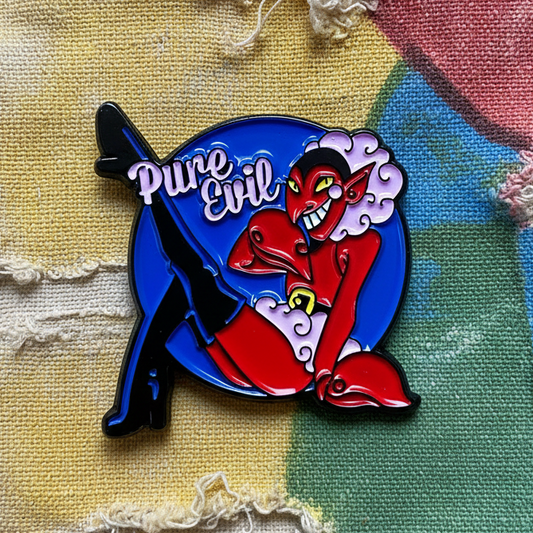Pure Evil Lapel Pin – Retro Devil Metal Badge, 3 × 3 cm