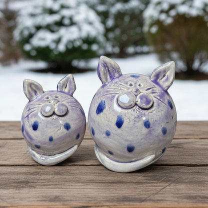Quirky Ceramic Cat Figurines – Set of 2 Vintage Violet Speckled Companions, various sizes by Red Raven Pottery
