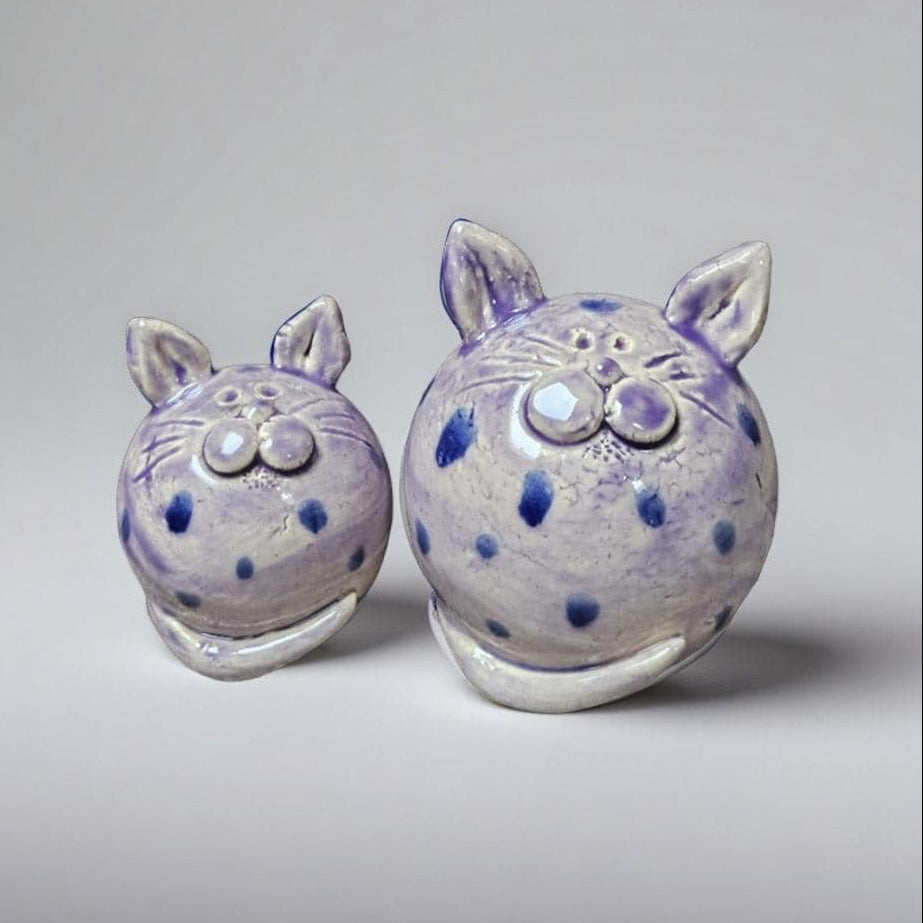Quirky Ceramic Cat Figurines – Set of 2 Vintage Violet Speckled Companions, various sizes by Red Raven Pottery