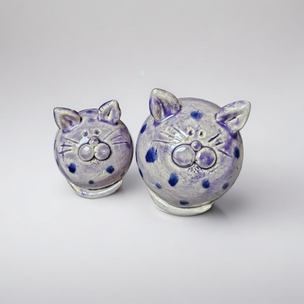 Quirky Ceramic Cat Figurines – Set of 2 Vintage Violet Speckled Companions, various sizes by Red Raven Pottery