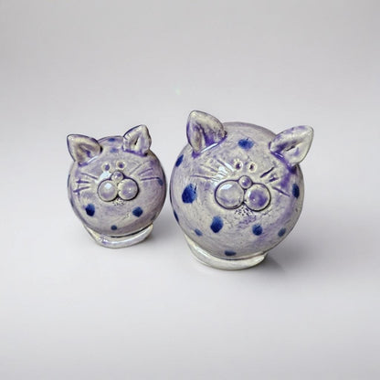 Quirky Ceramic Cat Figurines – Set of 2 Vintage Violet Speckled Companions, various sizes by Red Raven Pottery