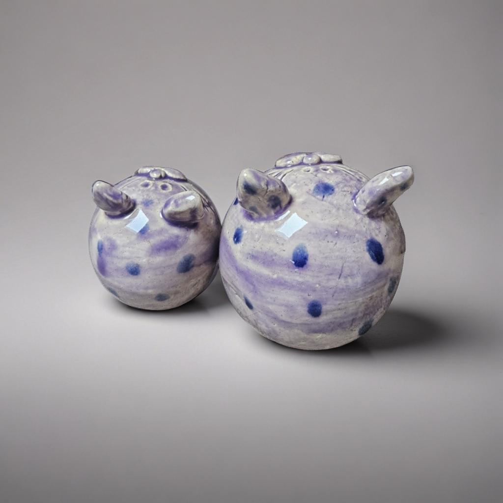 Quirky Ceramic Cat Figurines – Set of 2 Vintage Violet Speckled Companions, various sizes by Red Raven Pottery