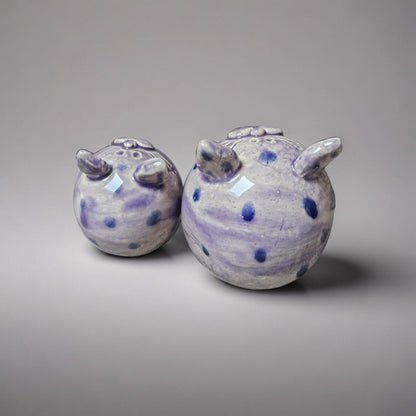Quirky Ceramic Cat Figurines – Set of 2 Vintage Violet Speckled Companions, various sizes by Red Raven Pottery