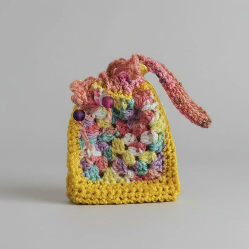 Rainbow Sparkle Crochet Pouch – Hippie Spirit Wrist Bag, 10× 11 cm by Hook & Hex