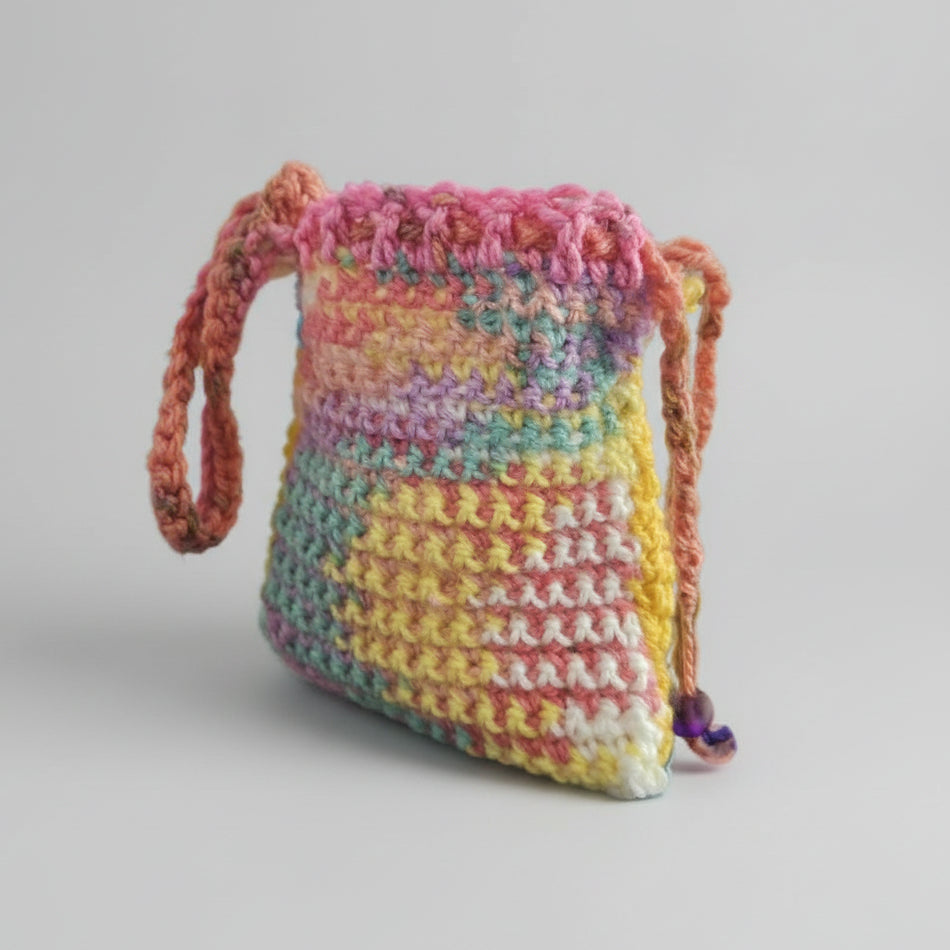 Rainbow Sparkle Crochet Pouch – Hippie Spirit Wrist Bag, 10× 11 cm by Hook & Hex

