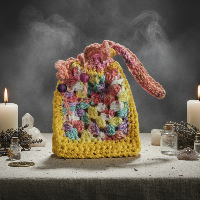 Rainbow Sparkle Wrist Pouch – Hand-crocheted Granny Square Spirit Bag, 10× 11 cm by Hook & Hex