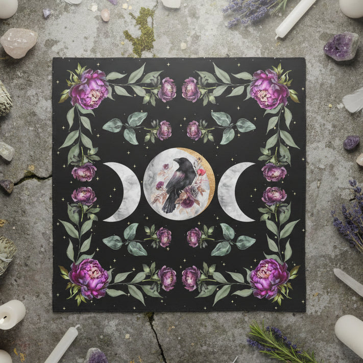 Raven Moon Altar Cloth – Celestial Bloom For Rituals, 49×49 cm
