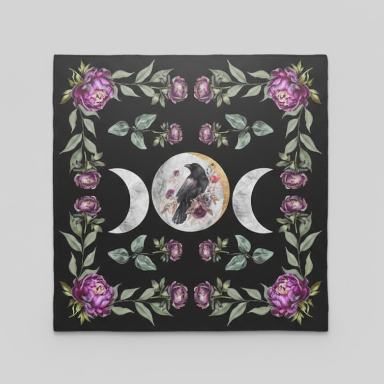 Raven Moon Altar Cloth – Celestial Bloom For Rituals, 49×49 cm