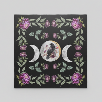 Raven Moon Altar Cloth – Celestial Bloom For Rituals, 49×49 cm