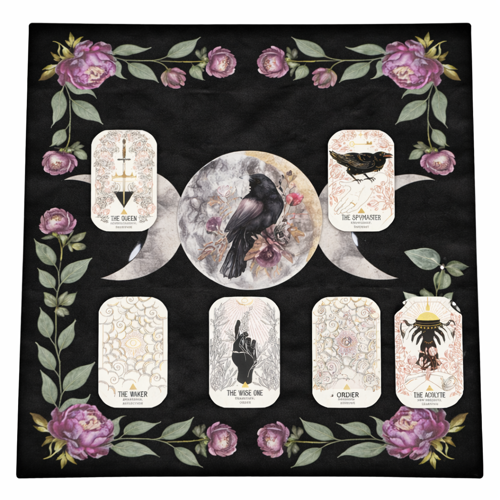 Raven Moon Altar Cloth – Celestial Bloom For Rituals, 49×49 cm