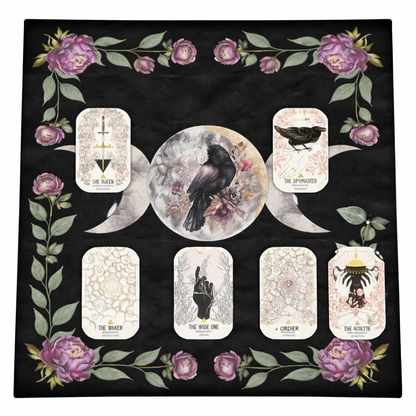 Raven Moon Altar Cloth – Celestial Bloom For Rituals, 49×49 cm