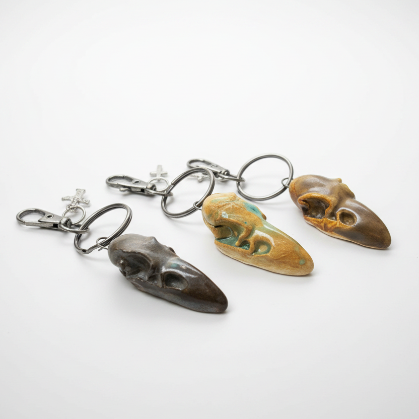 Raven Skull Ceramic Keychain – Charm of Death & Becoming, 5×2×1.5 cm by Red Raven Pottery
