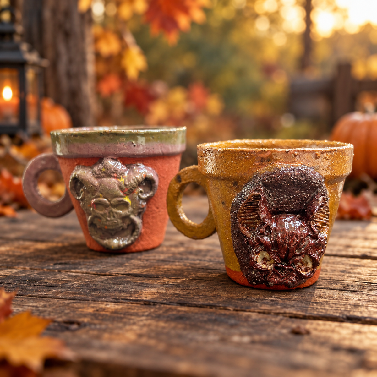 Raw Gothic Handmade Ceramic Cups – Gargoyle or Bat Skull Watcher, Ø8.5 × 7 cm by Red Raven Pottery