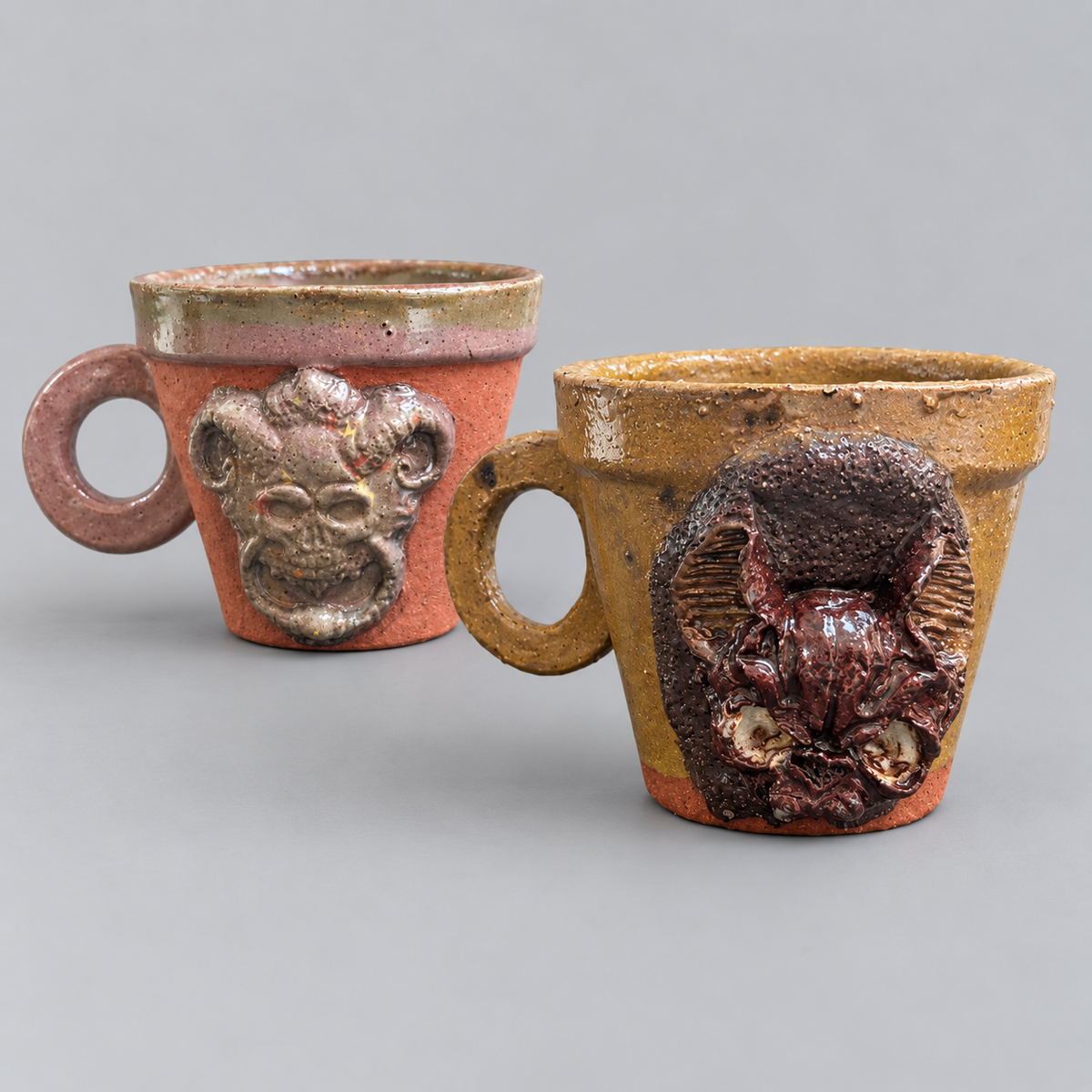 Raw Gothic Handmade Ceramic Cups – Gargoyle or Bat Skull Watcher, Ø8.5 × 7 cm by Red Raven Pottery