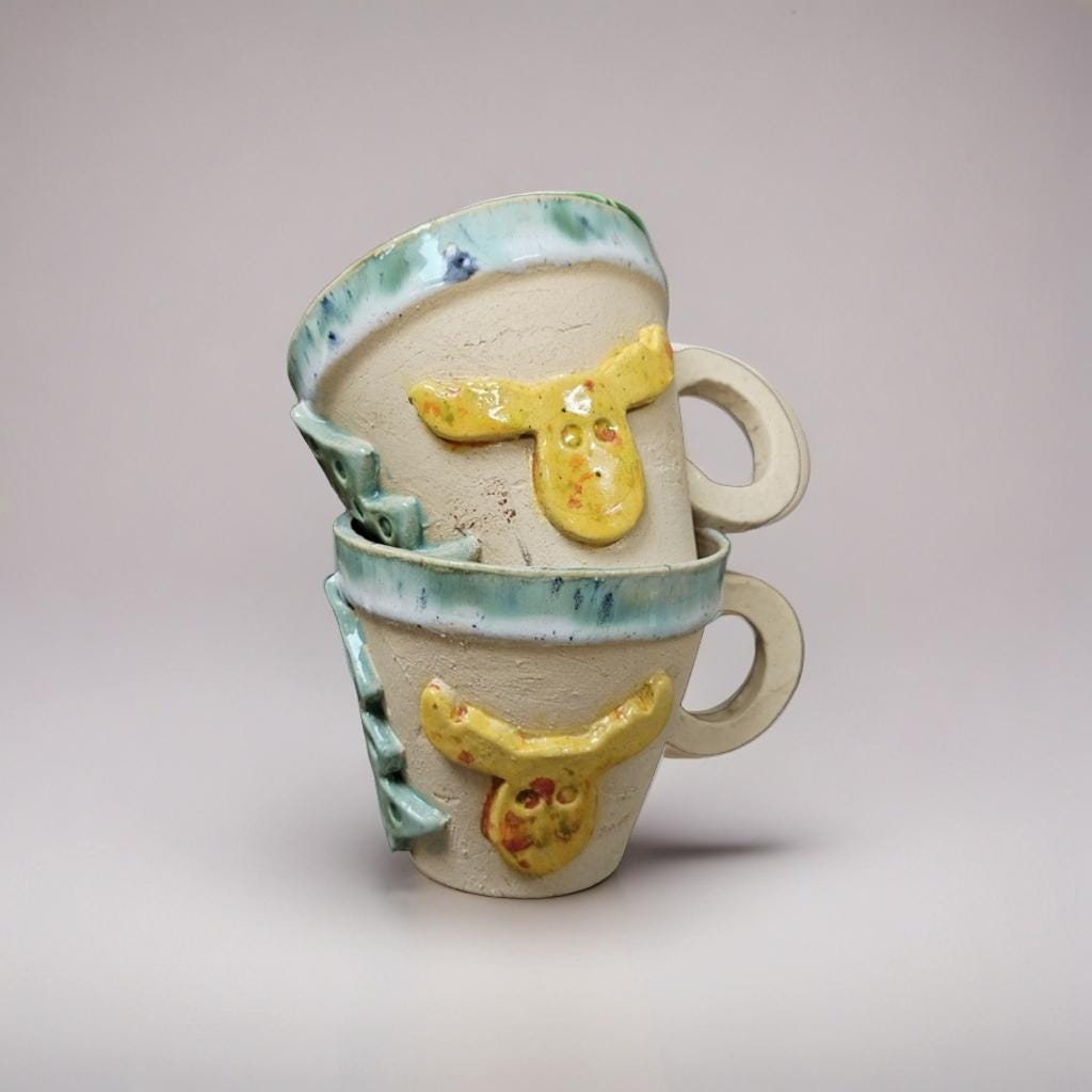 Reindeer & Pine Ceramic Coffee Cups – Set of 2 Playful Holiday Vessels, Ø8.5×7.5 cm by Red Raven Pottery