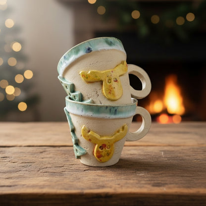 Reindeer & Pine Ceramic Coffee Cups – Set of 2 Playful Holiday Vessels, Ø8.5×7.5 cm by Red Raven Pottery
