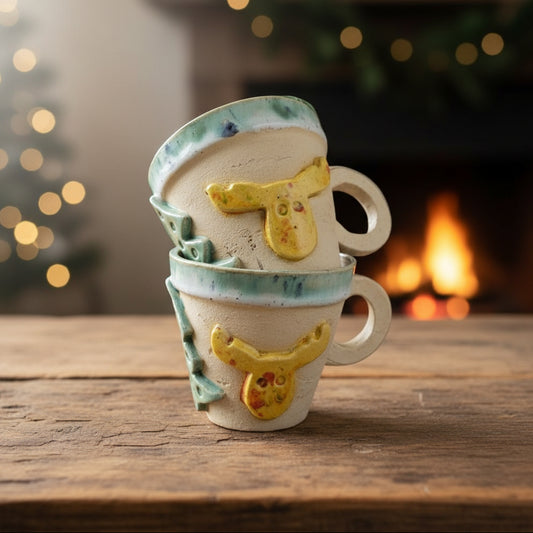 Reindeer & Pine Ceramic Coffee Cups – Set of 2 Playful Holiday Vessels, Ø8.5×7.5 cm by Red Raven Pottery