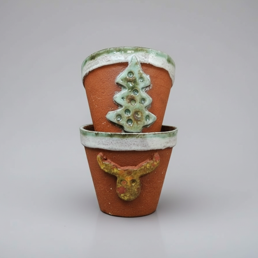 Reindeer & Pine Ceramic Planters – Set of 2 Hygge Terracotta Vessels, Ø8.5×7.5 cm by Red Raven Pottery