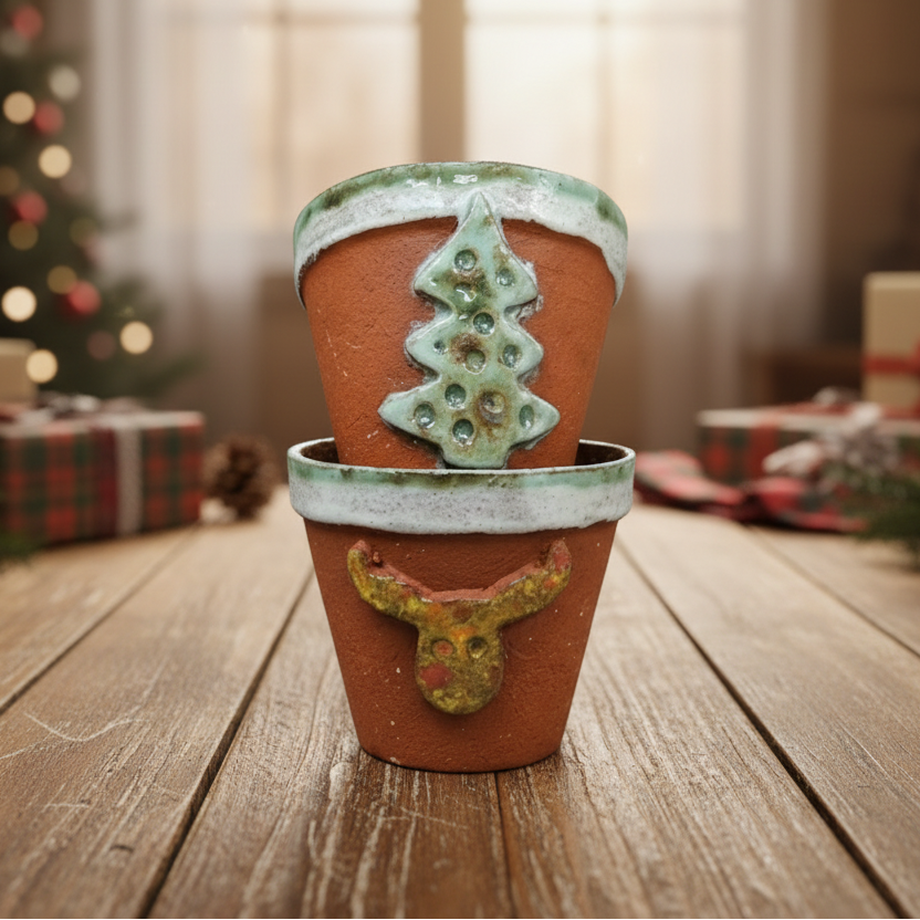 Reindeer & Pine Ceramic Planters – Set of 2 Hygge Terracotta Vessels, Ø8.5×7.5 cm by Red Raven Pottery